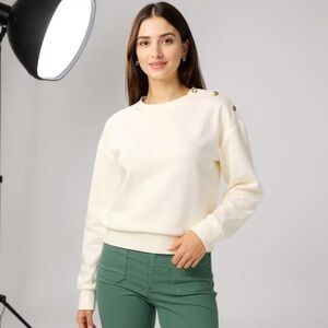 J.Crew Heritage Fleece Cropped Sweatshirt Ivory w/ Gold Buttons Size Medium